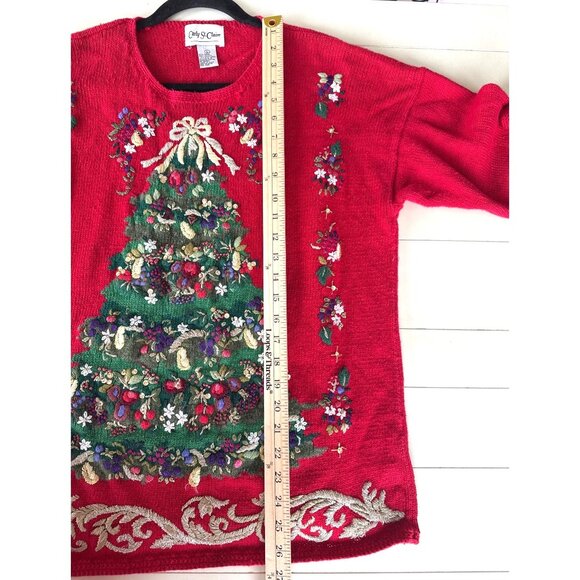 Vintage 90's Ugly Christmas Tree Sweater Women's L Knit Embroidered Sequins - Picture 6 of 8
